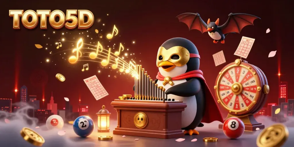 TOTO5D gaming illustration showcasing a lottery penguin, golden coins, and vibrant game elements.