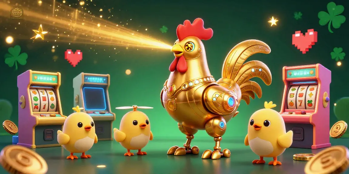 Experience the thrill of winning at bro138 with a vibrant 3D casino scene featuring a golden rooster robot and slot games.