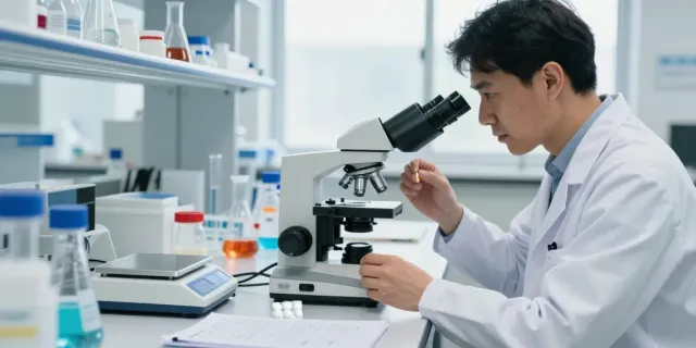 Tesofensine capsules being analyzed in a professional laboratory by a researcher, showcasing the integrity of research practices.