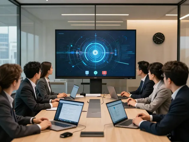 Deepfake-protected meetings illustrated by diverse professionals collaborating securely during a virtual meeting.