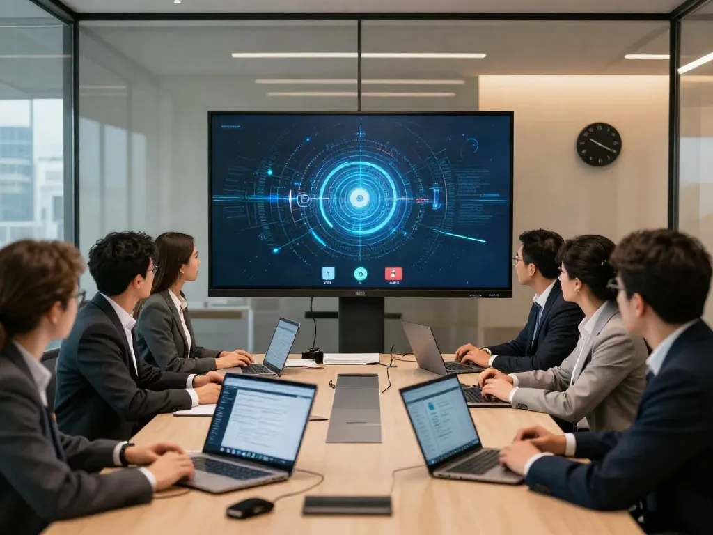 Deepfake-protected meetings illustrated by diverse professionals collaborating securely during a virtual meeting.