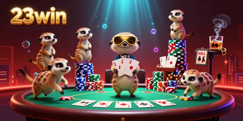 Engaging meerkats running a vibrant 23win casino operation with poker elements in an elaborate 3D scene.