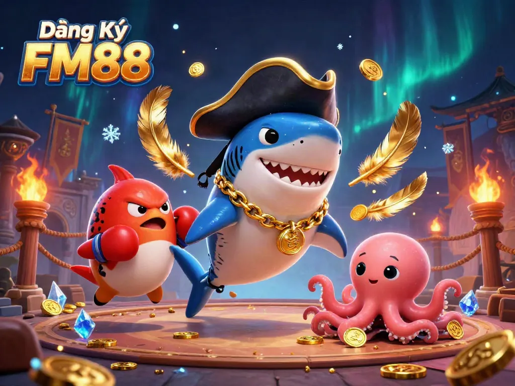 Engage with Đăng Ký FM88 through this dynamic 3D casino scene featuring colorful characters and rich game elements.