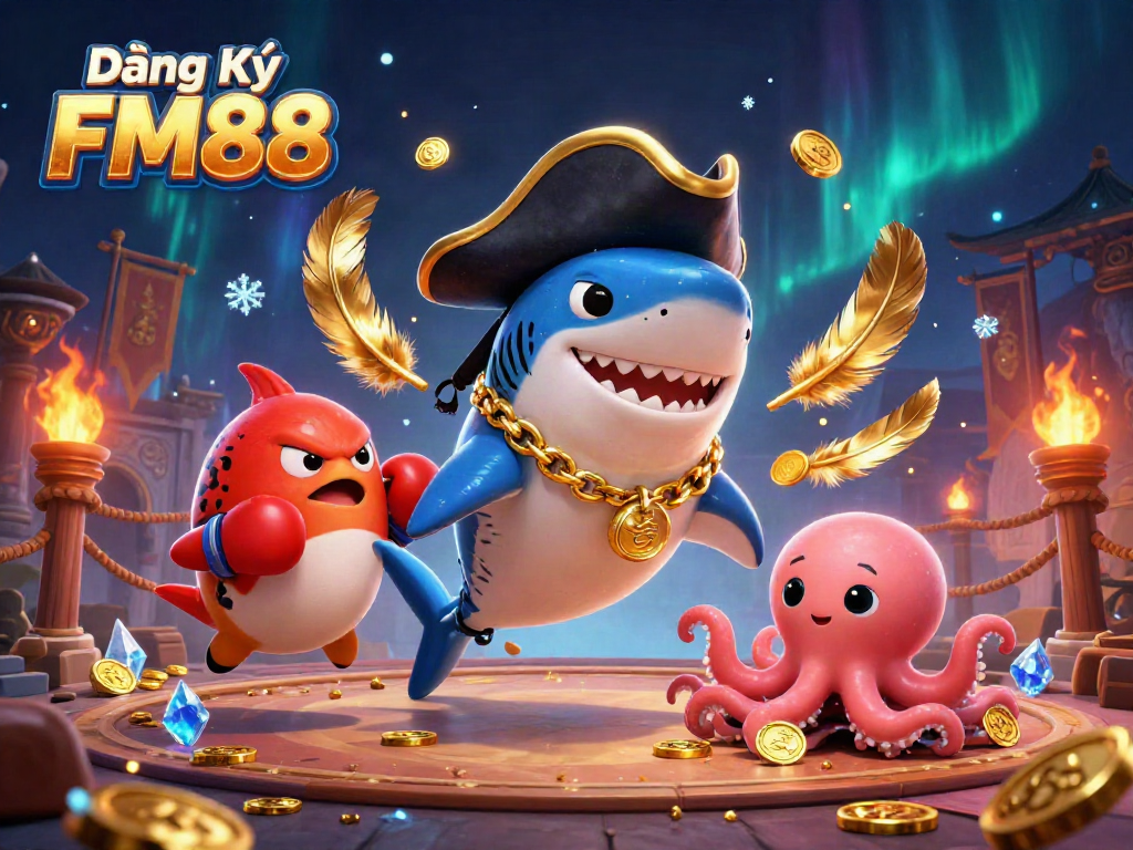 Engage with Đăng Ký FM88 through this dynamic 3D casino scene featuring colorful characters and rich game elements.