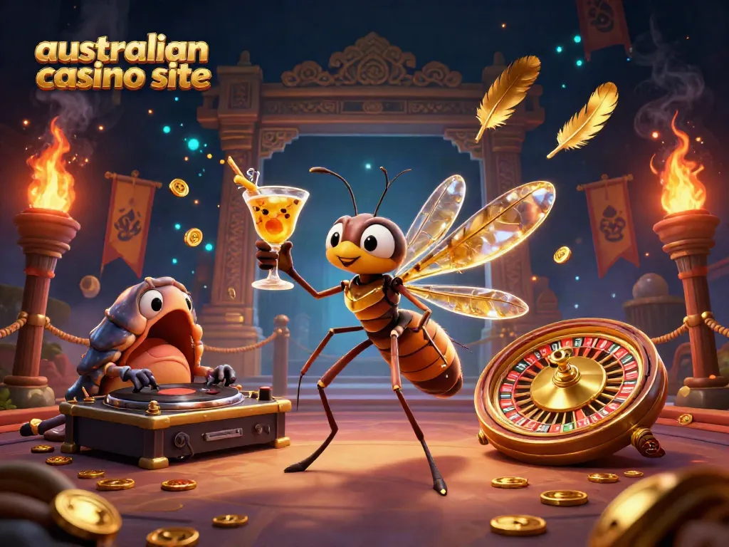 Engage with the vibrant scene of an australian casino site featuring unique characters and energetic casino elements.