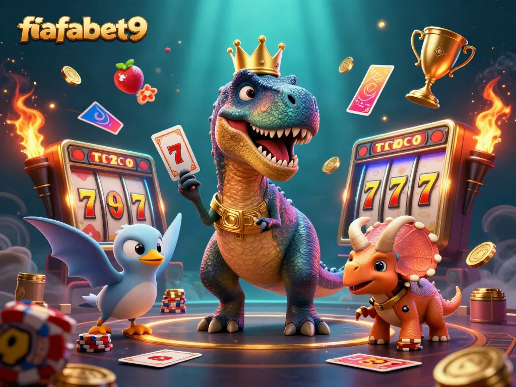 Experience the fun at fafabet9 with a cartoon T-Rex shuffling cards, a pterodactyl assisting, and a triceratops managing chips.