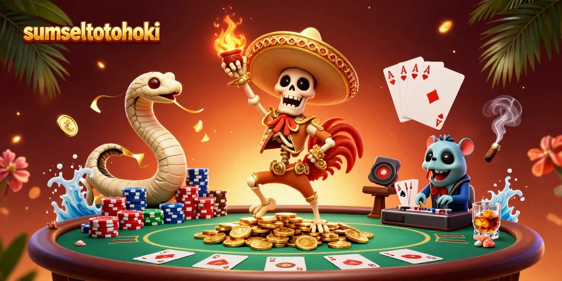 Engaging scene of a skeleton mariachi rooster celebrating on gold coins at sumseltotohoki with a mummy snake and zombie DJ.