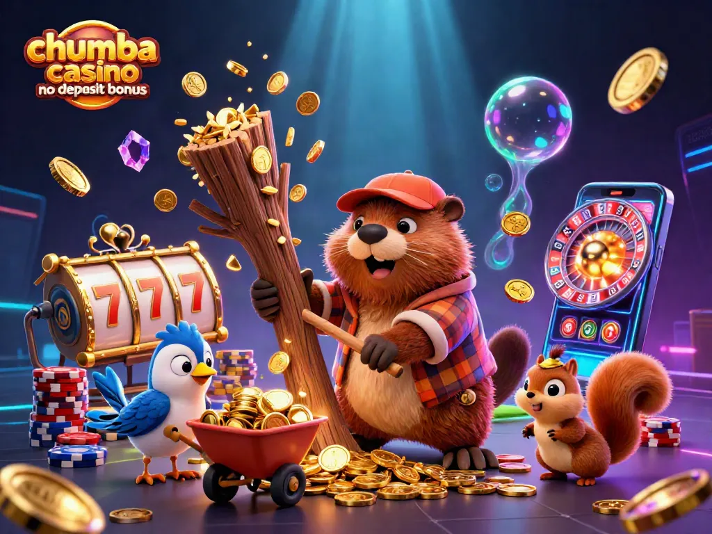 Winning big with chumba casino no deposit bonus, featuring a beaver, bird, and squirrel in a lively casino scene.