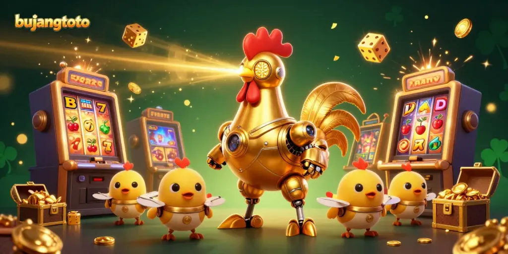 Experience the thrilling bujangtoto gaming world with golden rooster robot and jackpot visuals.