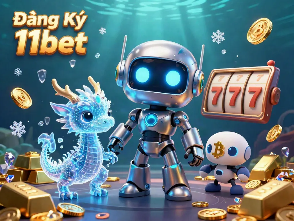 Experience the thrill of Đăng Ký 11bet with a 3D cartoon scene filled with vibrant casino elements.