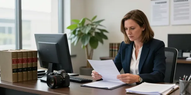 Karen McCleave attorney reviewing legal documents in a modern office environment.