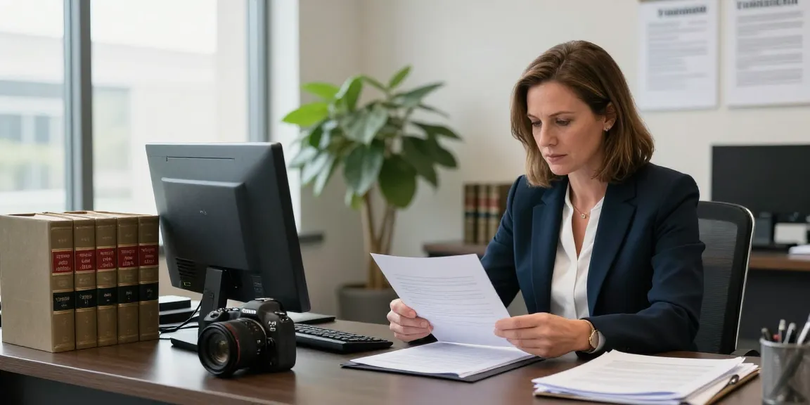 Karen McCleave attorney reviewing legal documents in a modern office environment.