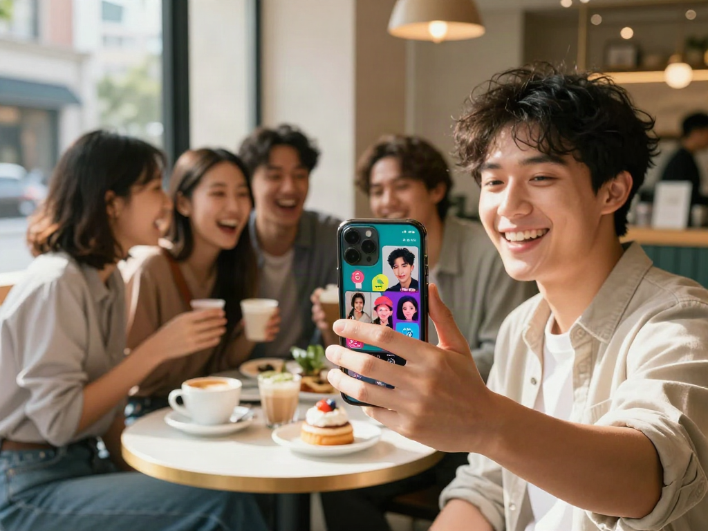 Young adult using celebrity look-alike app in a lively café setting.