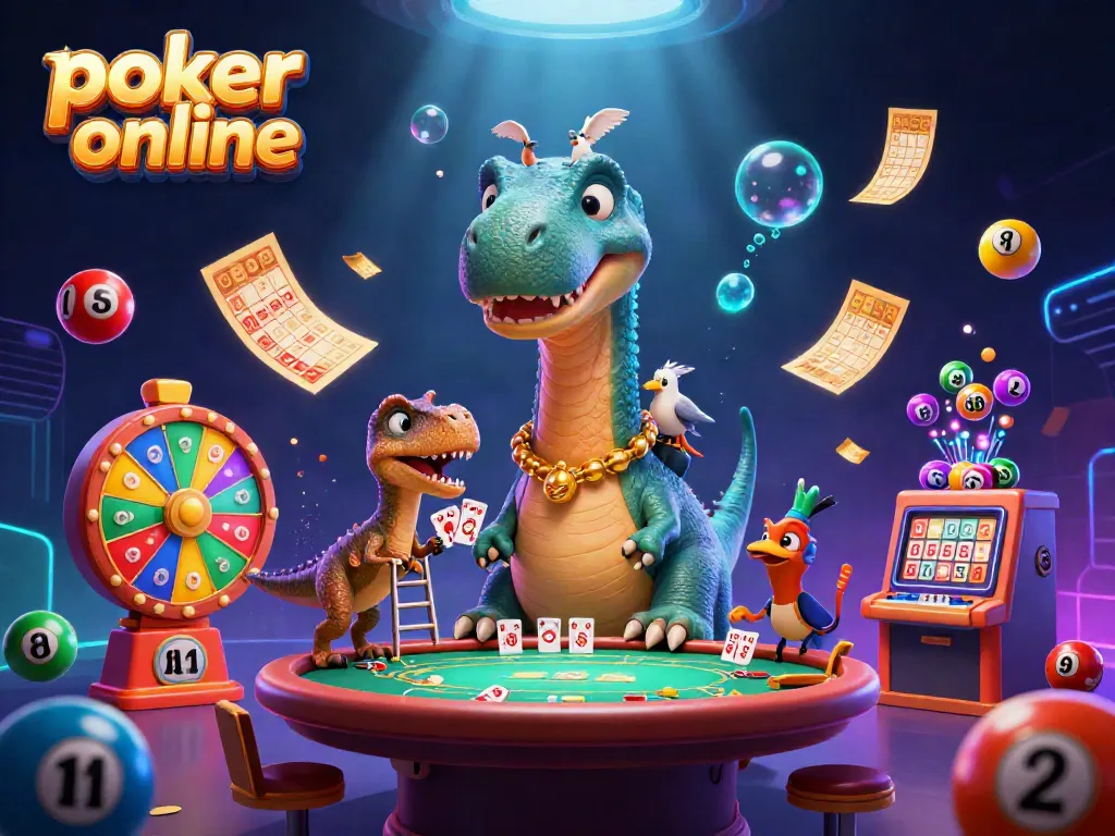 Experience poker online excitement with fun characters and vibrant visuals in a casino setting.
