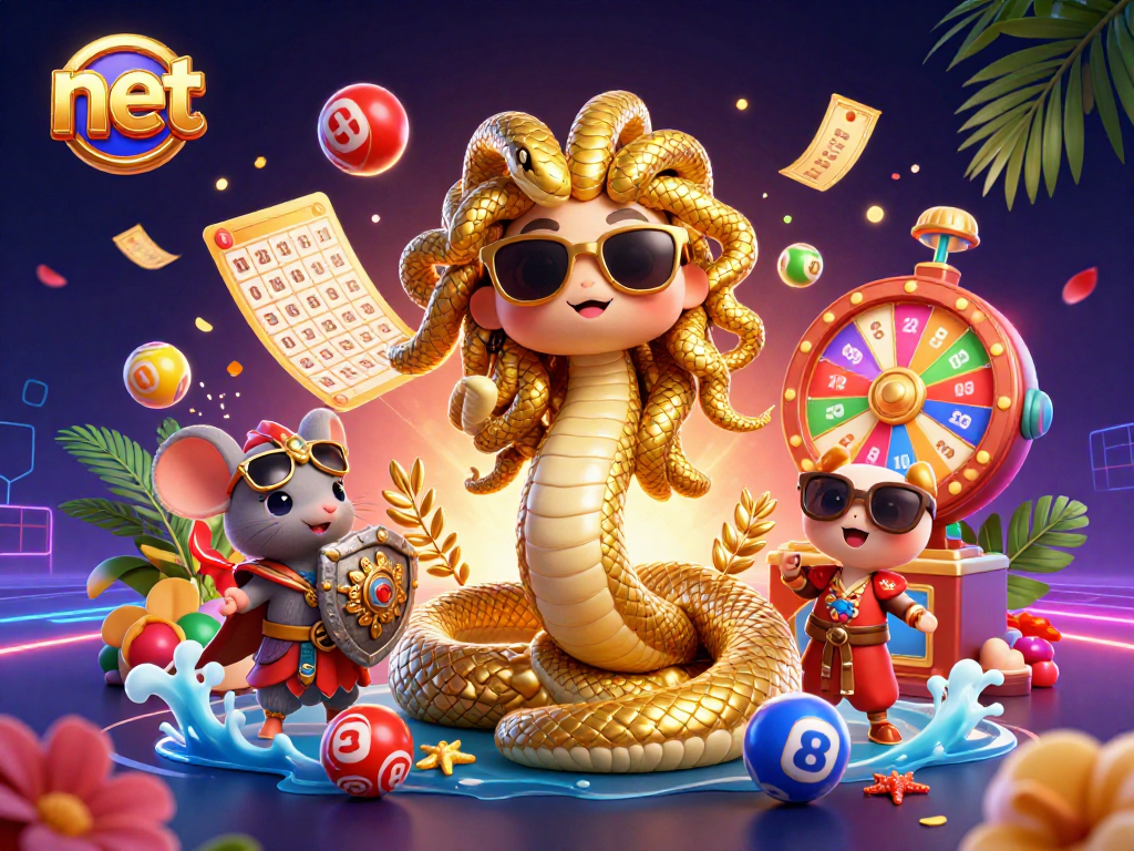 Play and win at net with a fun scene featuring cartoon Medusa and a mouse, surrounded by vibrant lottery elements.