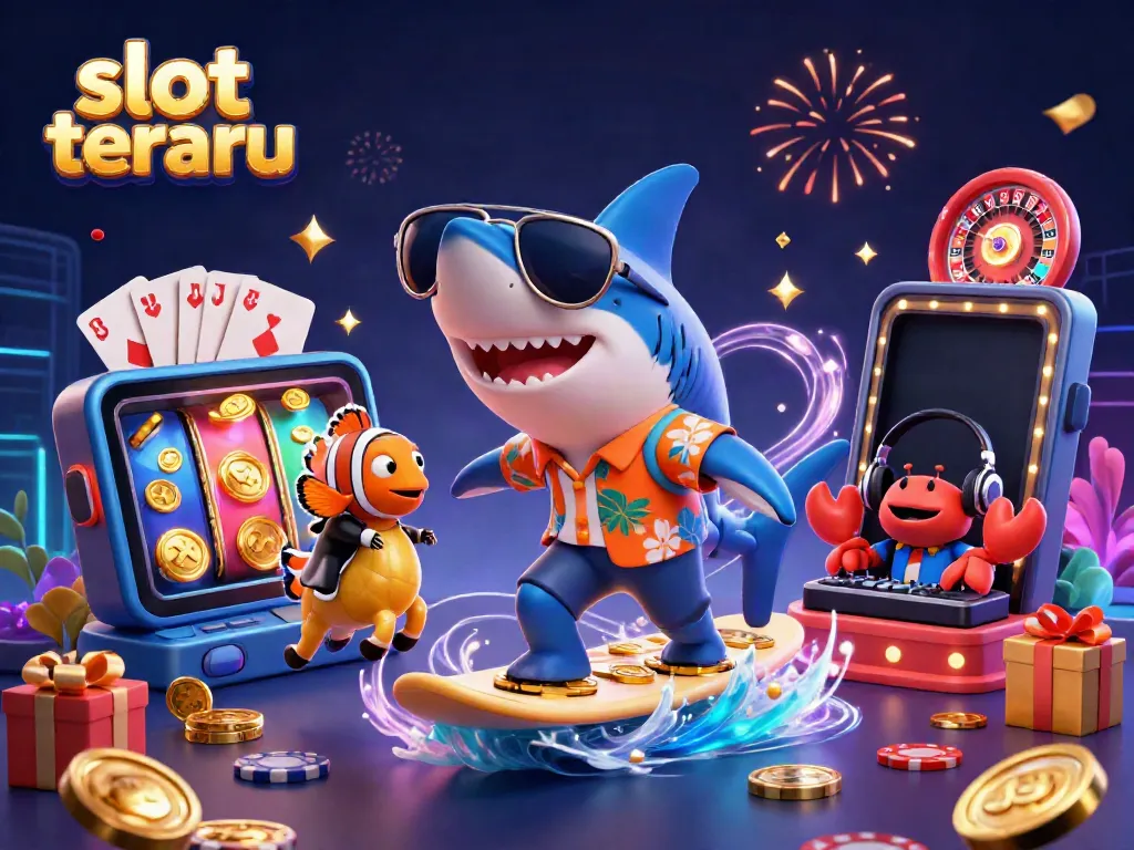 Menampilkan slot terbaru dengan hiu kartun 3D dan karakter lucu, dikelilingi elemen kasino yang dinamis