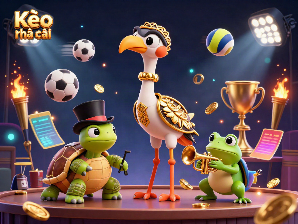 Kèo nhà cái showcases sports betting excitement with 3D characters, trophy, and dynamic sports elements.