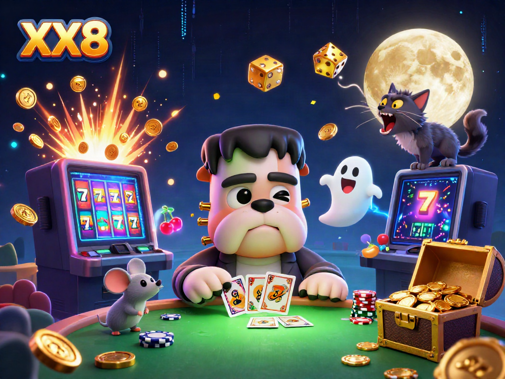 Experience the excitement of XX8 with a whimsical casino scene featuring a bulldog dealer and dynamic game elements.