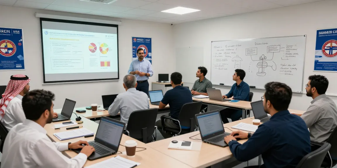 Training Institute Saudi Arabia offering interactive HSE training session with diverse professionals engaged in health and safety practices.