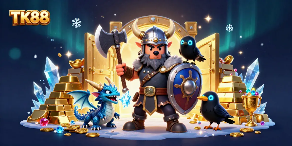Engage with TK88's exciting realm featuring a Viking warrior, dragon, and dazzling treasures.