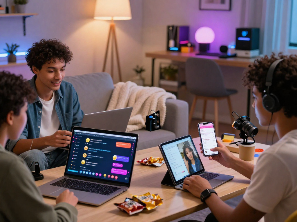 Engaging scene of users participating in nsfw chat interactions on various devices in a modern living room.
