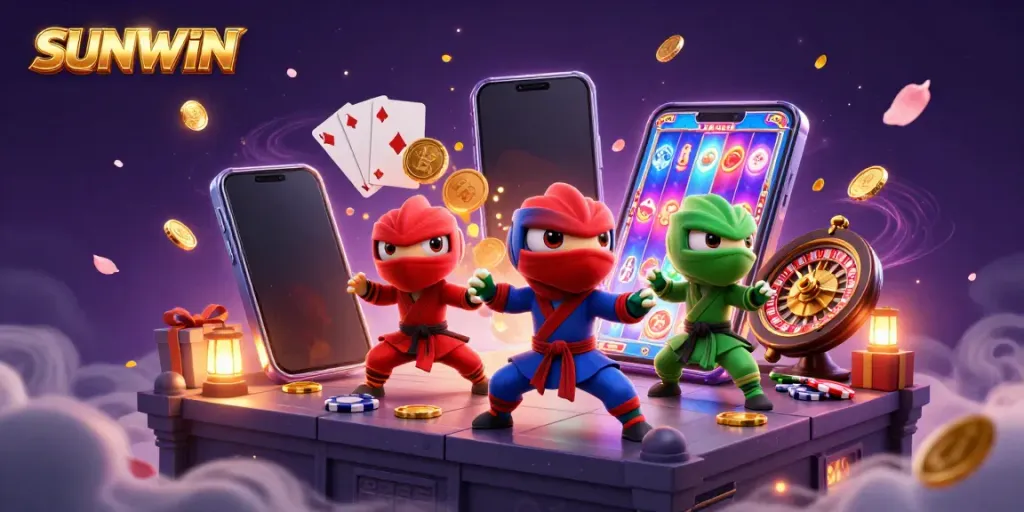Experience thrilling gameplay with SUNWIN as chameleon ninjas showcase synchronized martial arts alongside a vibrant casino scene.