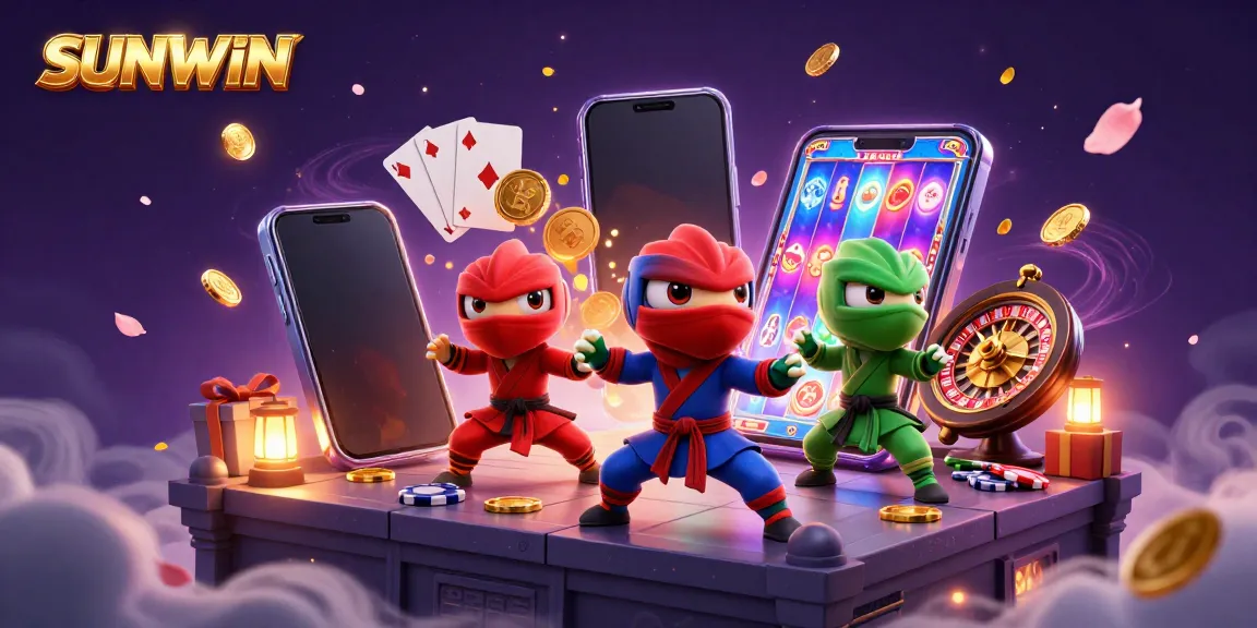 Experience thrilling gameplay with SUNWIN as chameleon ninjas showcase synchronized martial arts alongside a vibrant casino scene.