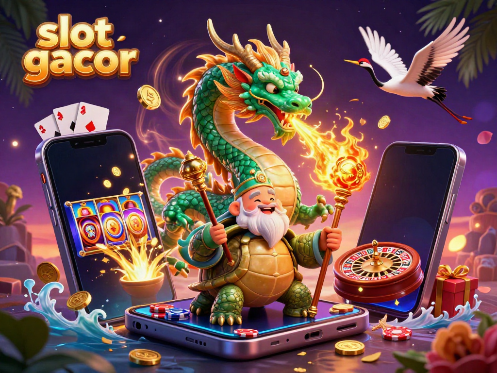 Experience slot gacor thrills with a vibrant dragon, sage, and cranes amidst exciting game elements.