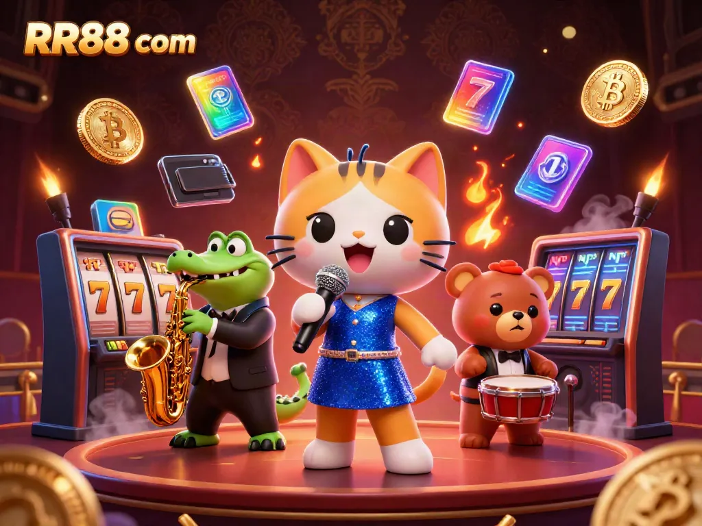 Experience the vibrant energy of RR88 com with a lively casino scene featuring characters and gaming icons.