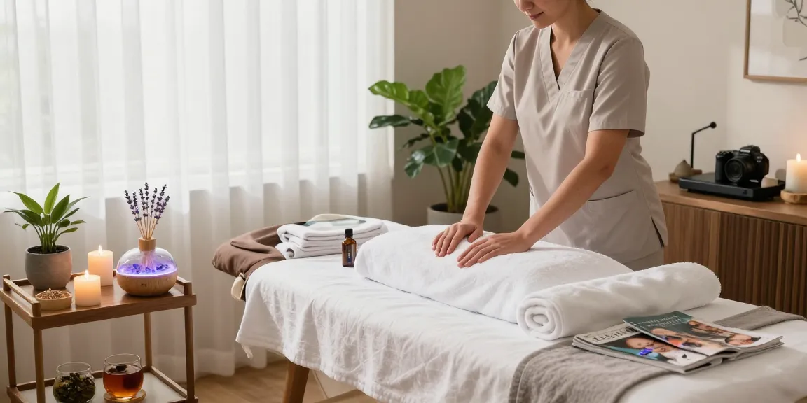 A tranquil spa treatment room setup for 부천출장안마, featuring soft towels, aromatic oils, and calming decor creating a serene atmosphere.