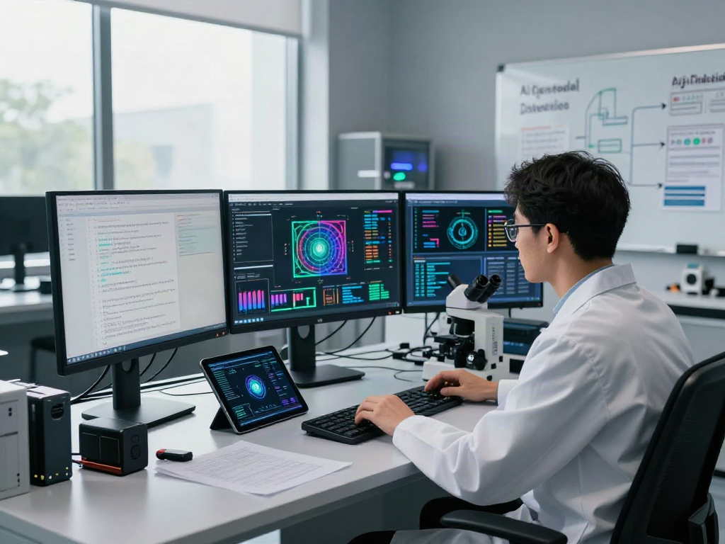 Data analyst examining AI-Generated Image Detection in a modern forensic lab with advanced technology.
