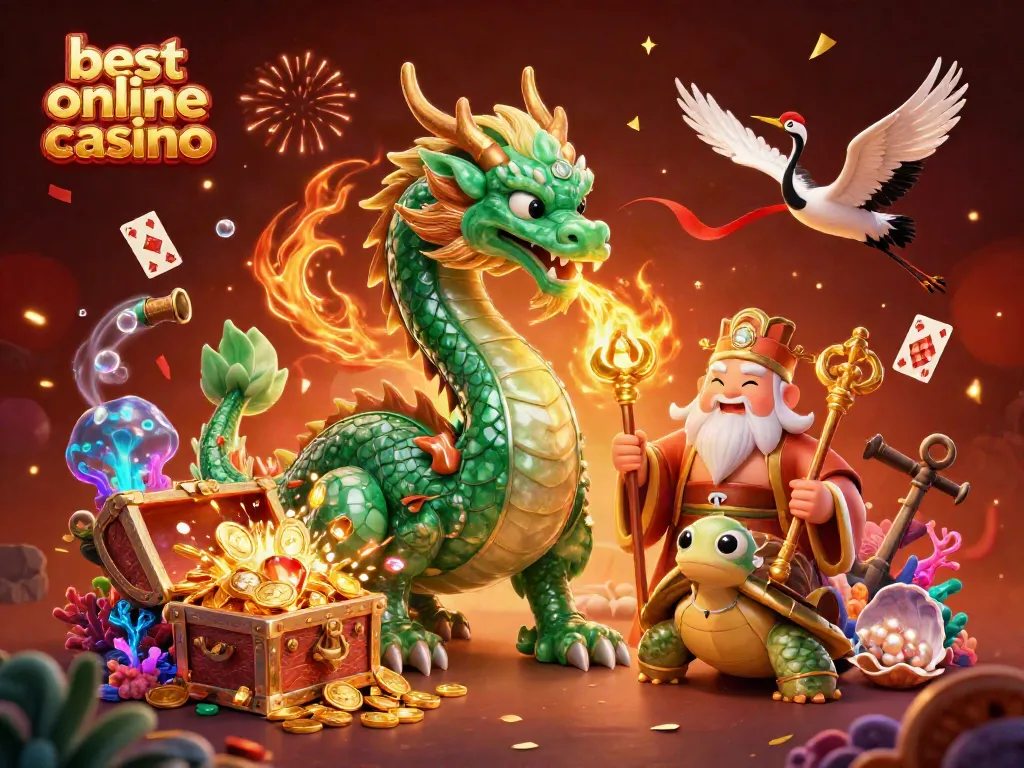 The best online casino illustration featuring a jade dragon, turtle sage, and lucky cranes surrounded by vibrant casino elements.