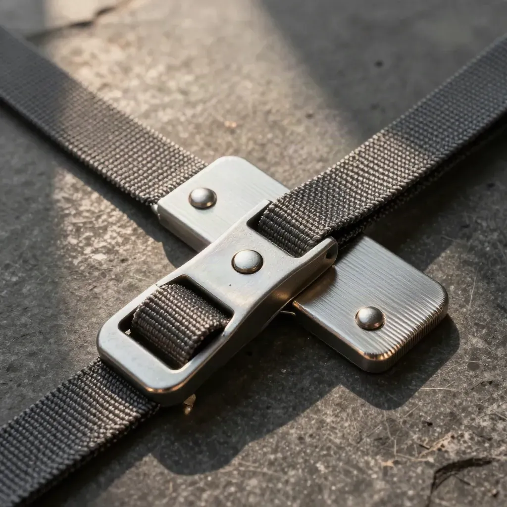 Cargo seal and webbing buckle on dark stone, lit dramatically in silver-grey.