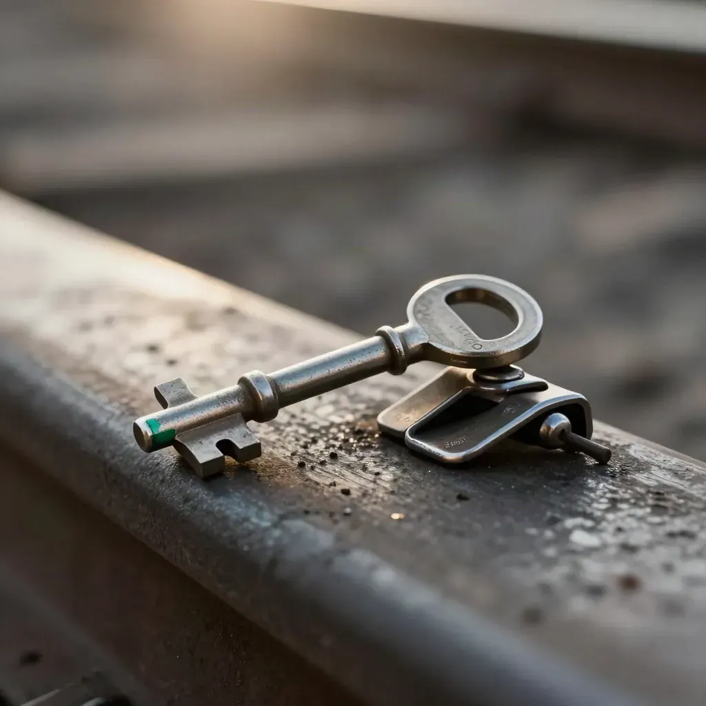 Rail signal key, coupler pin, and cable clip on blackened metal with emerald glint.