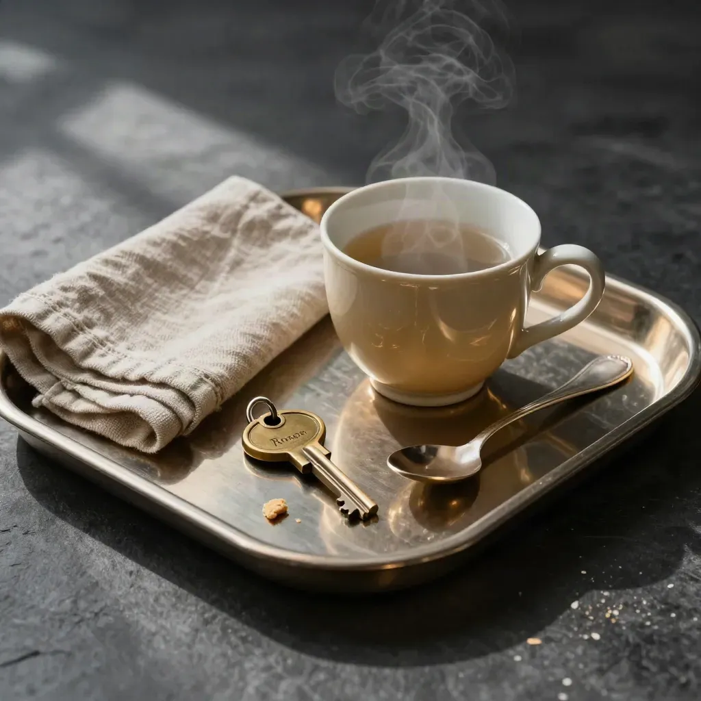 Overhead hotel tray with steaming cup, rumpled linen, brass key fob, and crumbs.