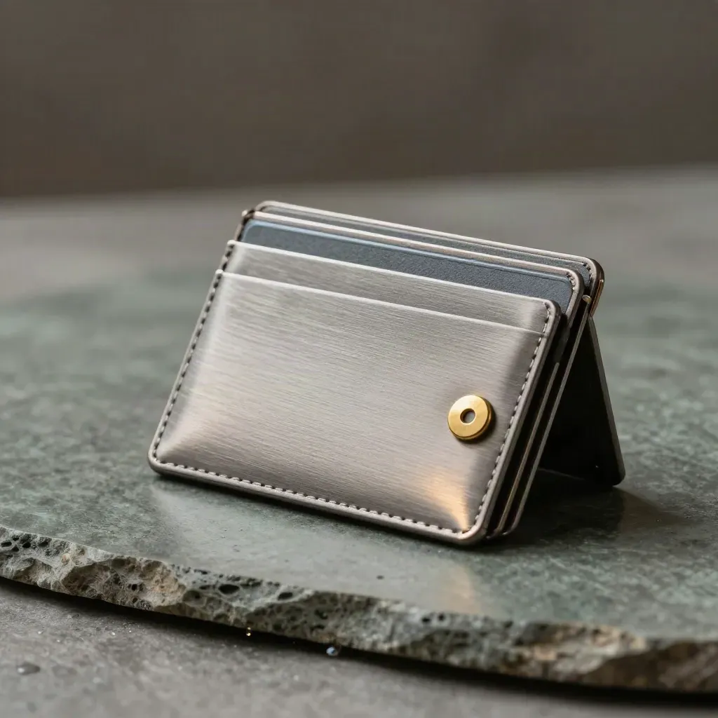 Premium metal wallet cards, case, brass token, and clasp on a sage stone slab.
