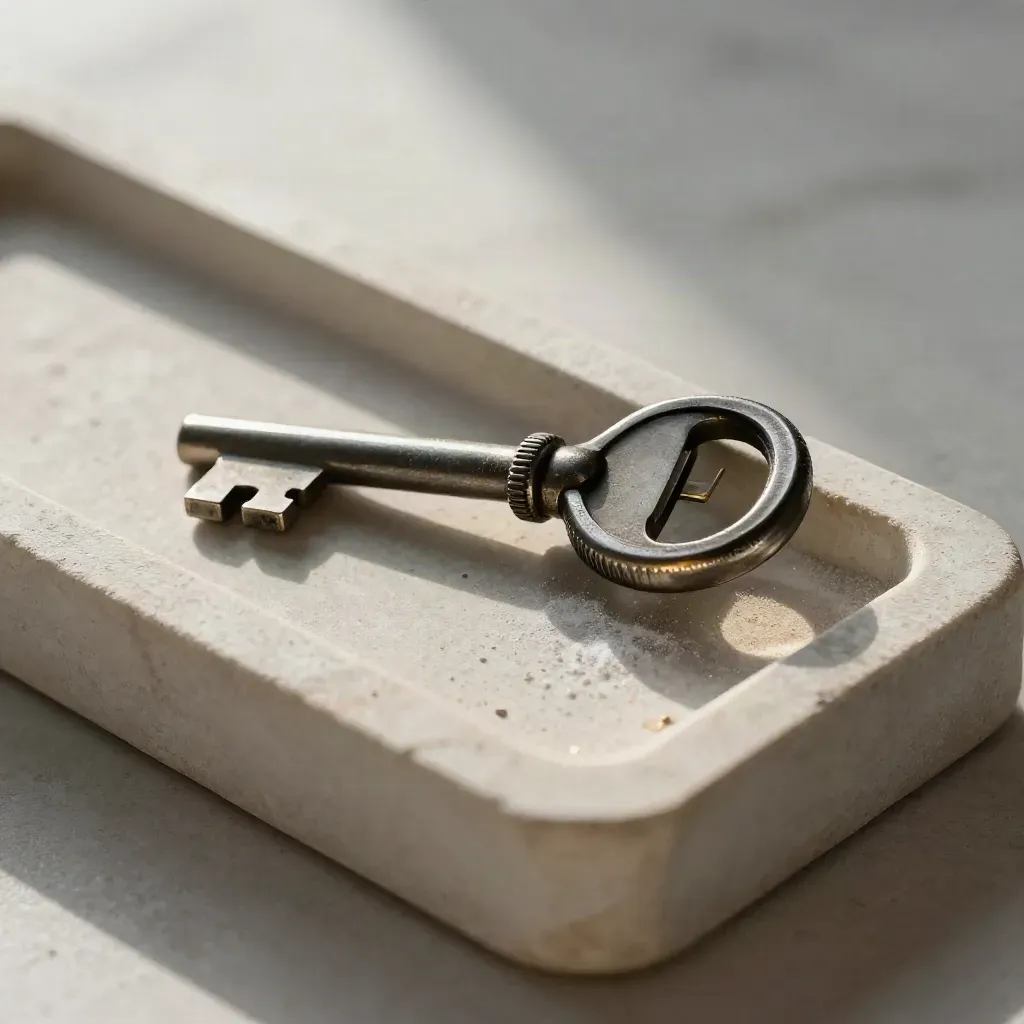 Vault key, combination wheel, and coin tray on pale limestone in soft directional light.
