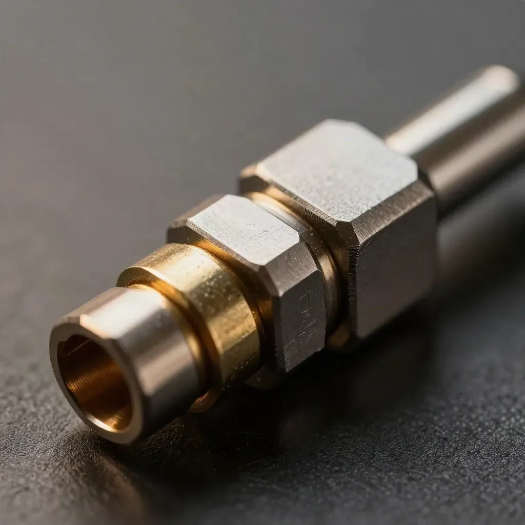 Precision cable ferrules, modular blocks and connector bar on brushed steel, lit in dramatic studio haze.