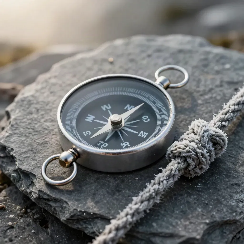 Macro of compass, half-open carabiner, and rope knot on slate in mist