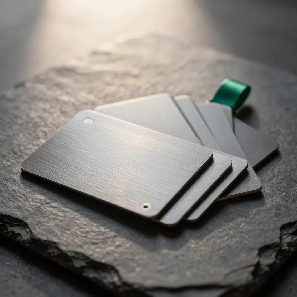 Two brushed metal wallet cards partly slid from sleeves on a graphite surface.