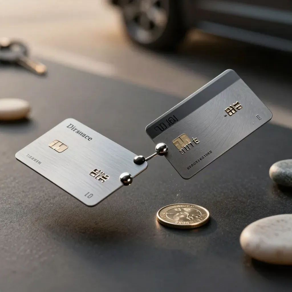 Two premium cards bridged by a spacer and coin on a dark stone surface.