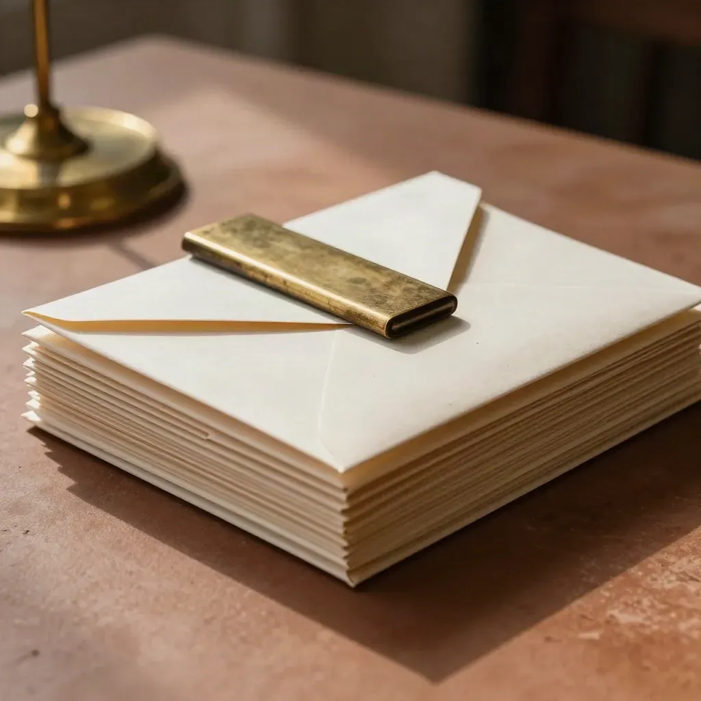 Brass paperweight and bone folder square a stack of bill envelopes on terracotta clay.