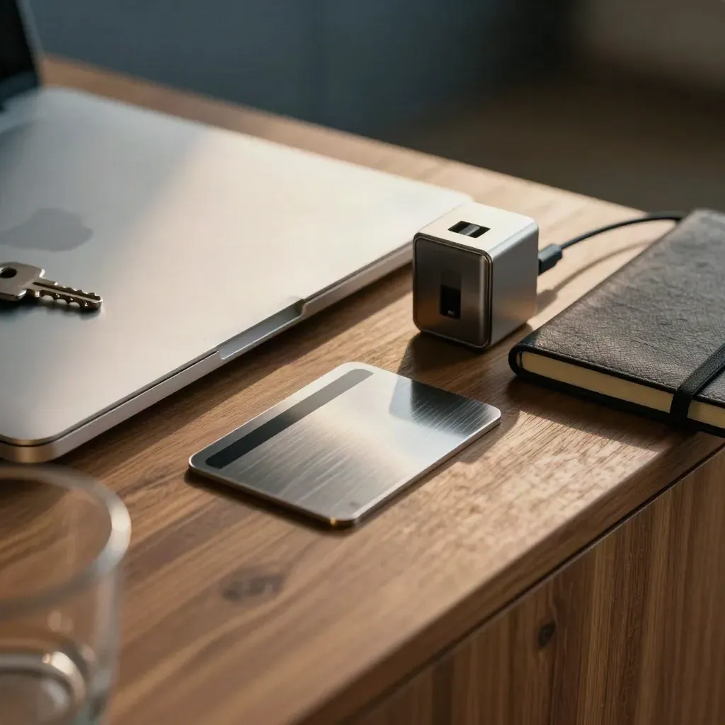 Founder kit with closed ultrabook, metal wallet card, charger cube and notebook through a blurred tumbler.