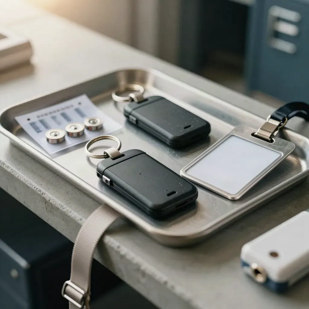 RFID fobs, spare batteries, and a rugged access badge in a steel tray, top-down.