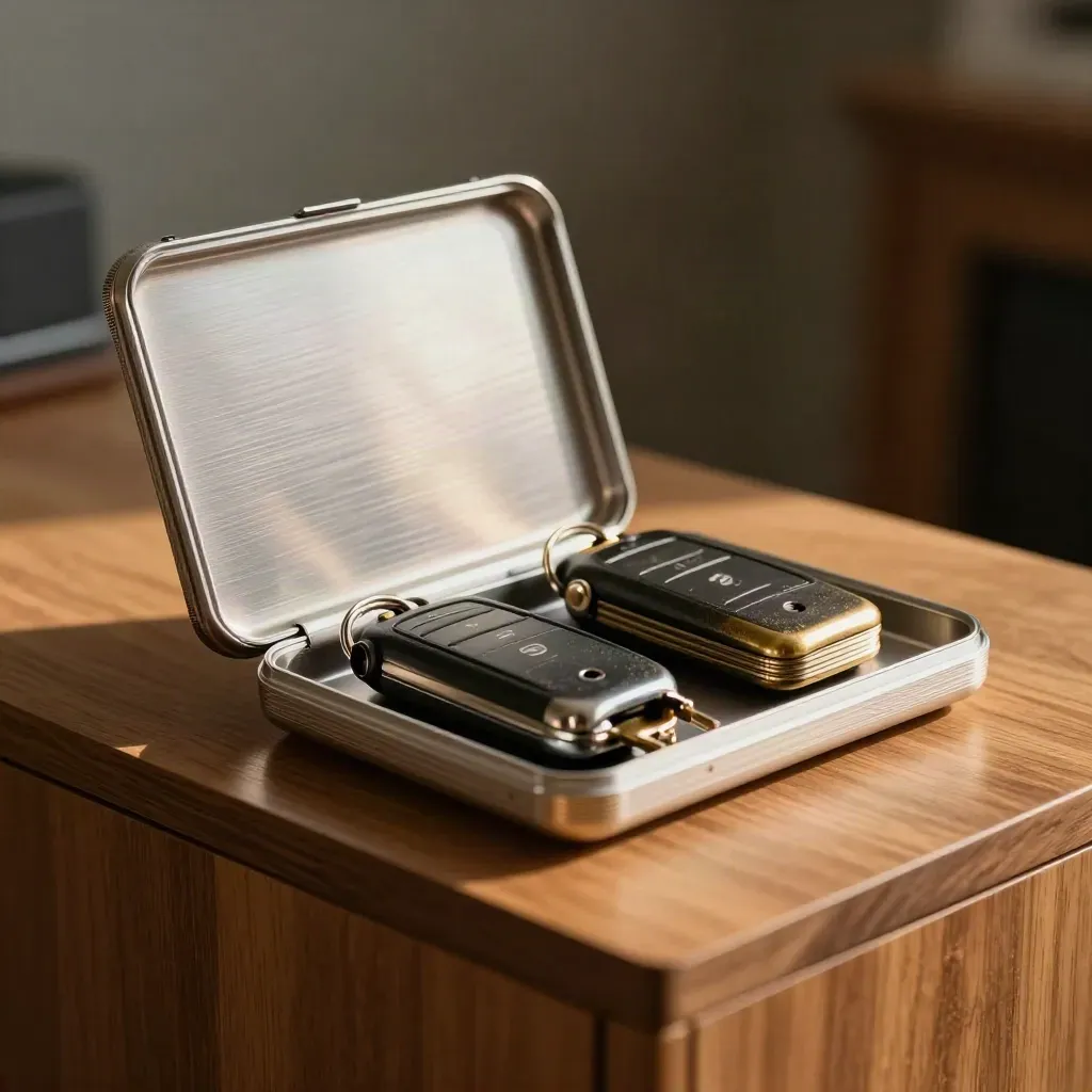 Brushed metal card case with key fobs and divider clips on a honey-oak surface