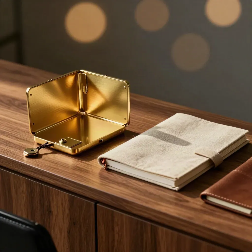 Brass card case, lockbox key, and folded notebook on walnut with warm bokeh and haze.