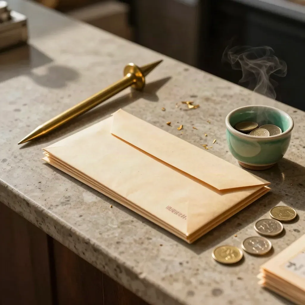 Brass receipt spike, sealed envelopes, and emerald coin cup on a stone counter
