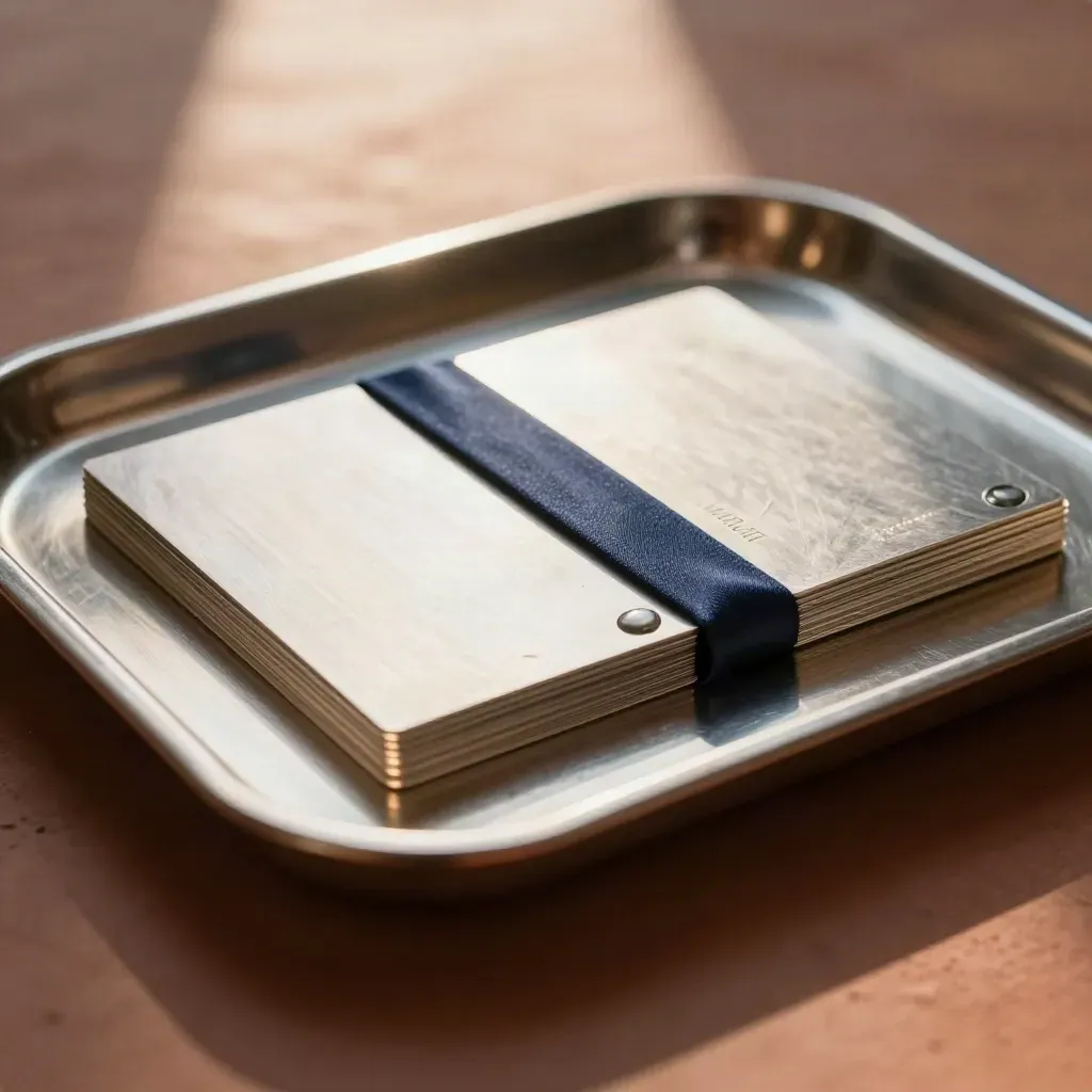 Top-down macro of twin metal cards, divider bar and tally stone in a treasury tray.