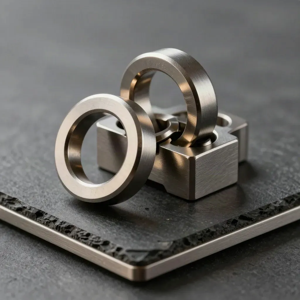 Machined silver rings and connector plates with spacer block on a graphite slab.