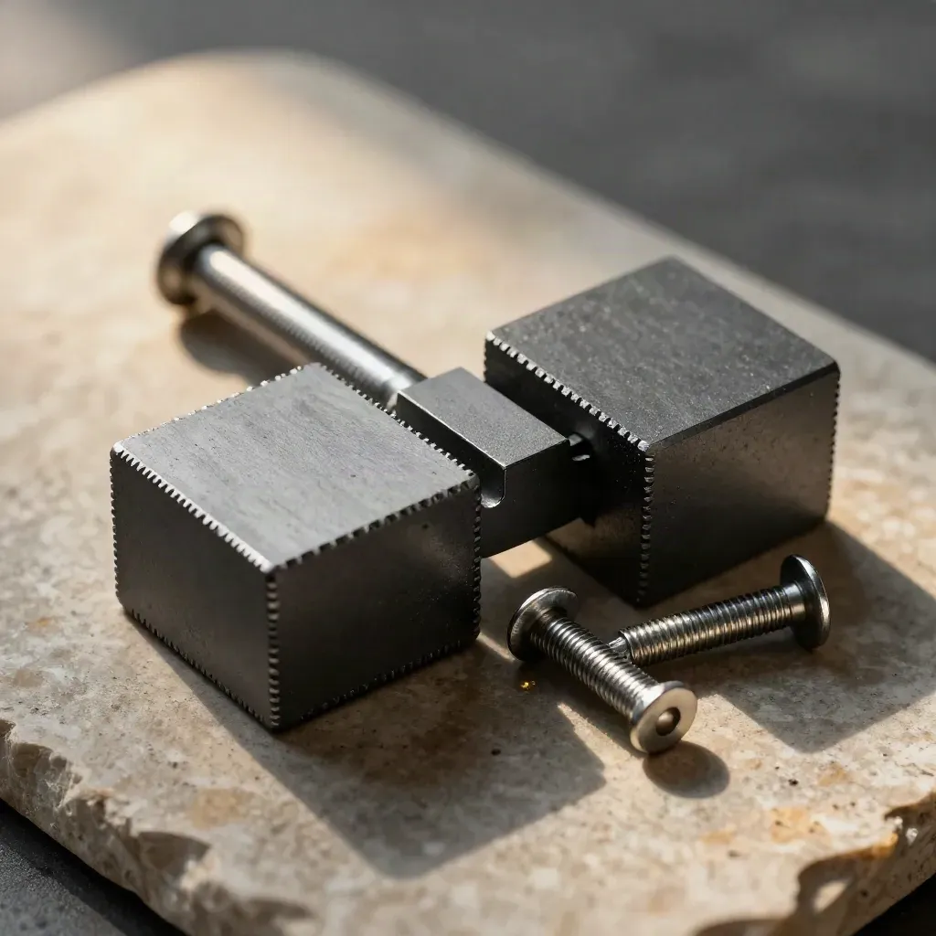 Graphite modular blocks linked by a magnetic bridge and polished dowel pins on warm limestone.